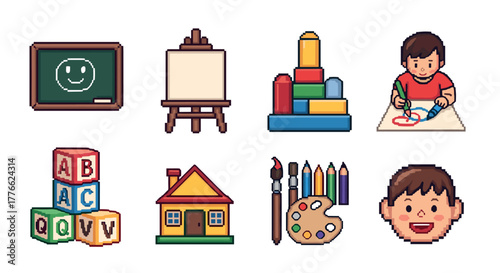 Colorful pixel art set featuring school and art supplies for kids' learning and creativity