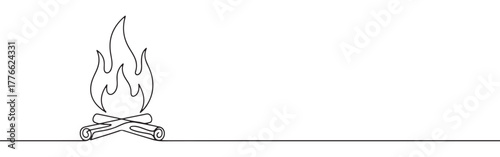 A continuous line drawing of a campfire with two logs burning and flames rising, evoking warmth, gathering, and outdoor experiences on a white background.