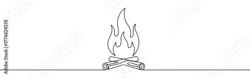 A continuous line drawing of a campfire with two logs burning and flames rising, evoking warmth, gathering, and outdoor experiences on a white background.