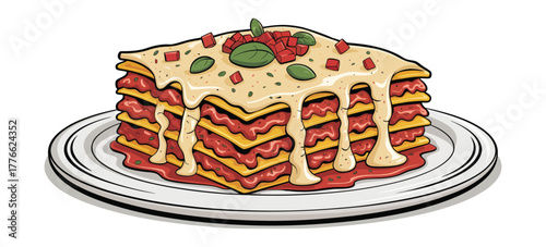 Italian Lasagna Dish Graphic Showing Layered Pasta, Cheese, and Sauce, Traditional Comfort Food Illustration for Culinary Presentations, Recipe Books, and Gastronomy Content