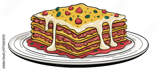 Italian Lasagna Dish Graphic Showing Layered Pasta, Cheese, and Sauce, Traditional Comfort Food Illustration for Culinary Presentations, Recipe Books, and Gastronomy Content