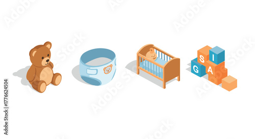 Isometric baby essentials toys, diaper, crib, and blocks in pastel colors