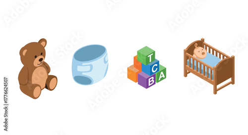 Isometric baby bedroom set with toys and crib in pastel colors