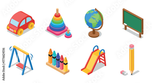 Colorful isometric toys and educational tools set for kids