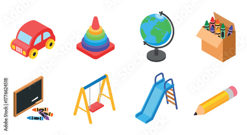 Colorful educational toys and school supplies in isometric design