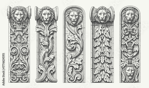 Elegant vintage engraving of classical architectural columns with lion heads and ornate floral baroque ornament design details.