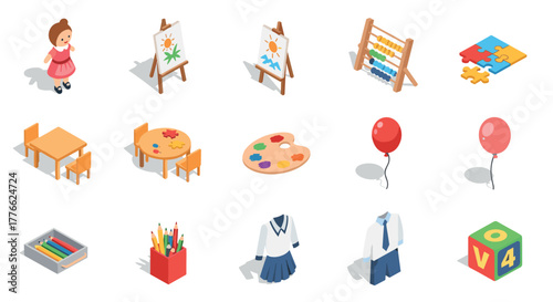 Isometric classroom and playroom elements toys, clothing, educational tools