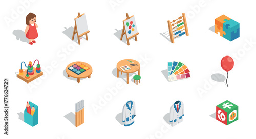 Isometric kids learning and play objects collection