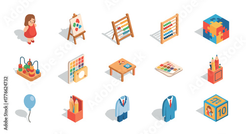 Educational toys and tools in isometric design for early learning and creativity