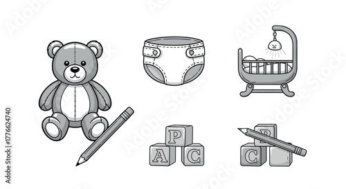 Monochrome baby essentials set teddy bear, diaper, crib, pencil and blocks