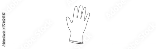 A continuous line art depiction of a protective rubber glove, suitable for medical or cleaning applications, isolated on a white background.