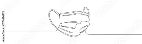 A continuous line art depiction of a medical face mask with ear loops, essential for health protection, isolated on a white background.