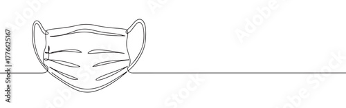 A continuous line art depiction of a medical face mask with ear loops, essential for health protection, isolated on a white background.