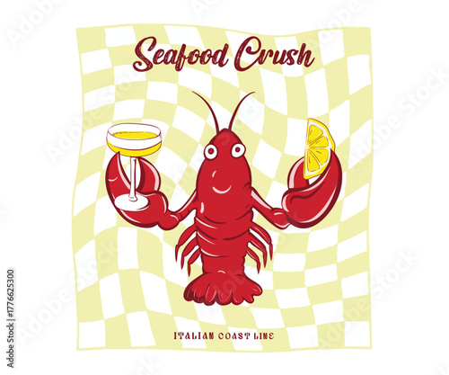 Lobster seafood vector art, Retro vintage sea food artwork for t shirt, poster graphic print, Italian coast seafood tour vector design, La dolce vita graphic print 