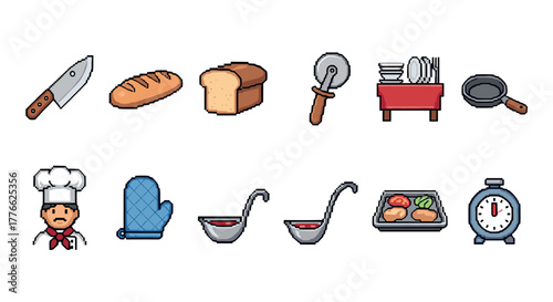 Pixel art kitchen essentials chef, utensils, and cooking items