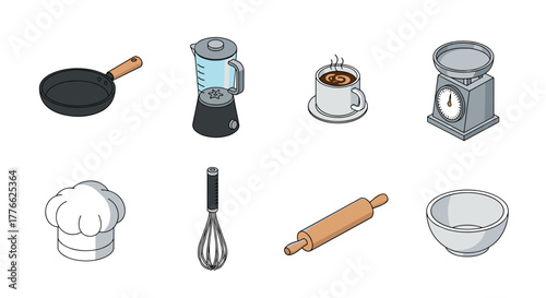 Isometric kitchen utensils blender, pan, chef hat, and more cooking tools