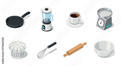 Isometric kitchen utensils blender, coffee, scale, and cookware essentials