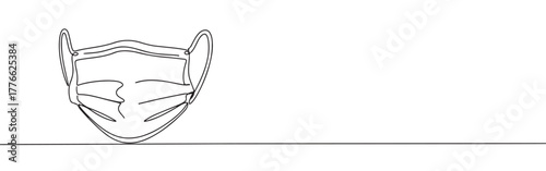 A continuous line art depiction of a medical face mask with ear loops, essential for health protection, isolated on a white background.