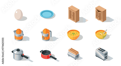 Isometric kitchen elements and utensils collection