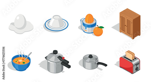 Isometric kitchen utensils and appliances collection for modern home design