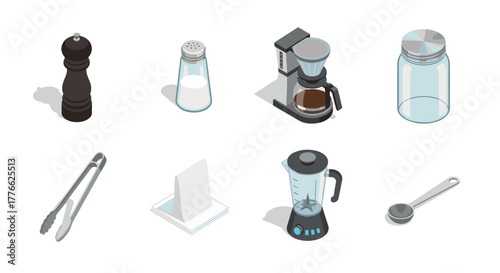 Isometric kitchen essentials coffee maker, blender, and more in modern design