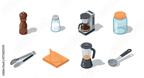 Kitchen tools isometric set with coffee maker, salt shaker, pepper grinder, and more