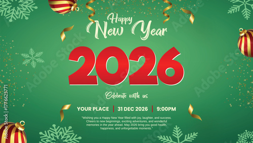 happy new year 2026 celebration banner, festive 2026 new year party invitation background, merry christmas and new year green greeting card, luxury winter holiday event poster template