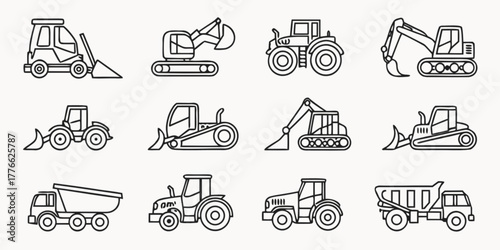 Heavy construction equipment and machinery vector icons including truck, excavator, bulldozer, and crane for the industry