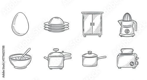 Hand drawn kitchen essentials egg, juicer, toaster, and more cooking utensils