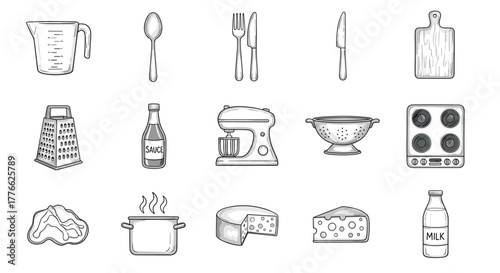 Monochrome kitchen utensils and appliances for cooking and baking enthusiasts