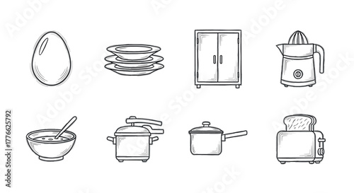 Kitchen essentials hand drawn linear icon set featuring appliances and utensils