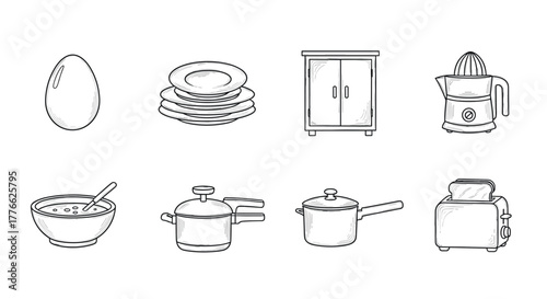 Hand drawn kitchen utensils and appliances set in black and white