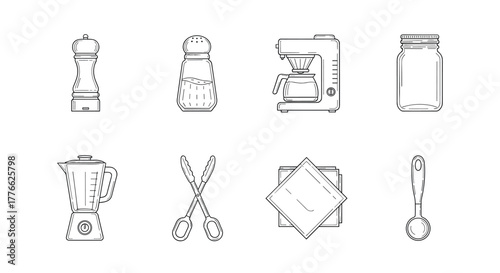 Kitchen essentials line art collection featuring appliances and utensils