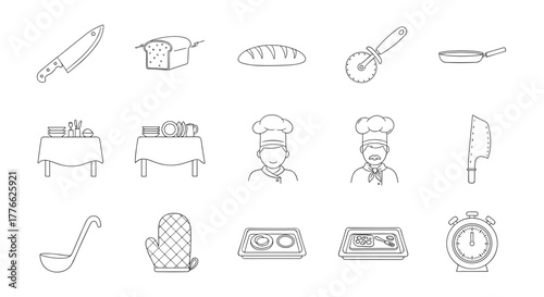 Line art culinary icons chefs, tools, and kitchen items for cooking projects