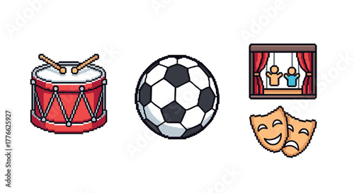 Pixel art collection musical drum, soccer ball, theater stage, and masks