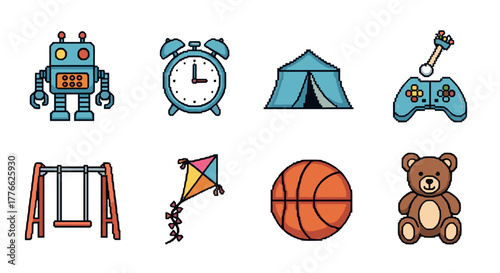 8 bit toy collection pixel art icons of childhood fun and games