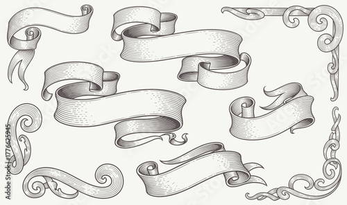 vintage hand drawn ribbon flag or banner element for book or other old looking design. engraved calligraphic part for your sign