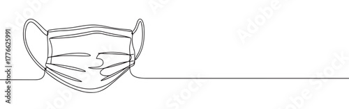 A continuous line art depiction of a medical face mask with ear loops, essential for health protection, isolated on a white background.