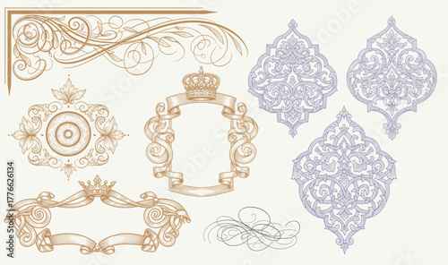 Vintage Baroque Victorian frame border flower pattern vector floral engraved scroll ornament leaf retro decorative design. filigree calligraphic heraldic shield swirl
