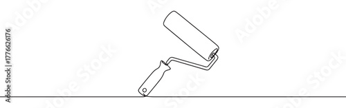 A continuous line art depiction of a paint roller with a handle, commonly used for home improvement and decorating tasks, isolated on a white background.
