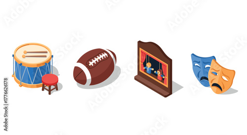 Isometric art of drum, football, puppet show, and theatrical masks