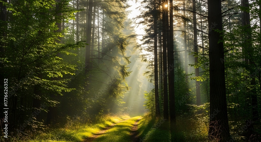 Fototapeta premium Sunlight Streams Through Lush Green Forest Pathway Illuminated by Morning Rays