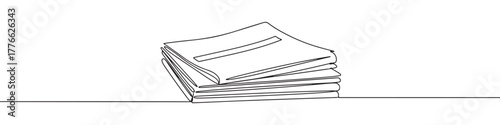Stack of newspapers in a continuous line art drawing, representing news, media, and information.