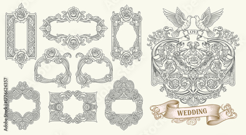 Vintage Baroque Victorian frame border, frame flower pattern vector floral engraved scroll ornament leaf retro decorative design. filigree calligraphic heraldic shield swirl