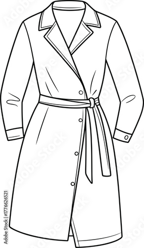 Technical fashion illustration of women’s trench coat, knee‑length design with notched lapel collar, button‑down front, belted waist, long sleeves, elegant garment sketch
