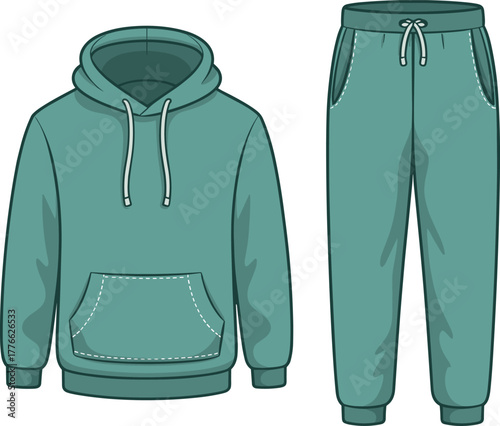 Casual teal hoodie and sweatpants fashion illustration, comfortable loungewear set with drawstring details, vector clothing design for apparel, sportswear, and lifestyle