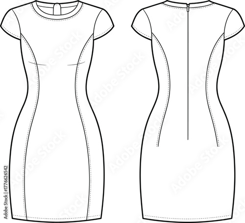Technical fashion illustration of women’s fitted dress, front and back view with cap sleeves, round neckline, princess seams, bust darts, zipper closure