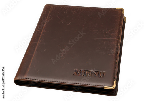 A closed dark brown leather menu holder the word menu embossed on the cover