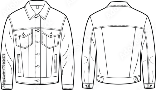 Technical fashion illustration of denim jacket, front and back view with collar, button placket, chest flap pockets, side pockets, yoke detail, vector design