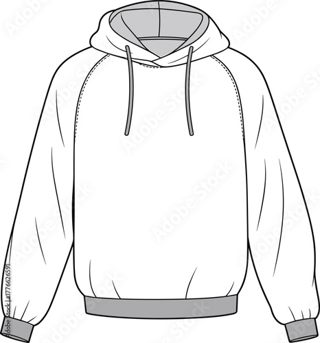 Technical fashion illustration of hoodie, front view with drawstring hood, gathered cuffs, ribbed waistband, long sleeves, casual outerwear garment sketch, vector design